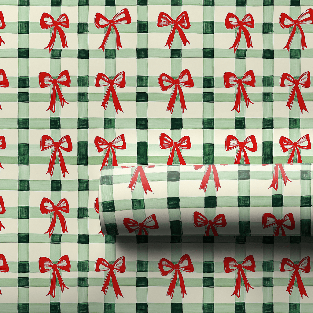 Green Plaid and Red Ribbon - Wrapping Paper - Lemon Park