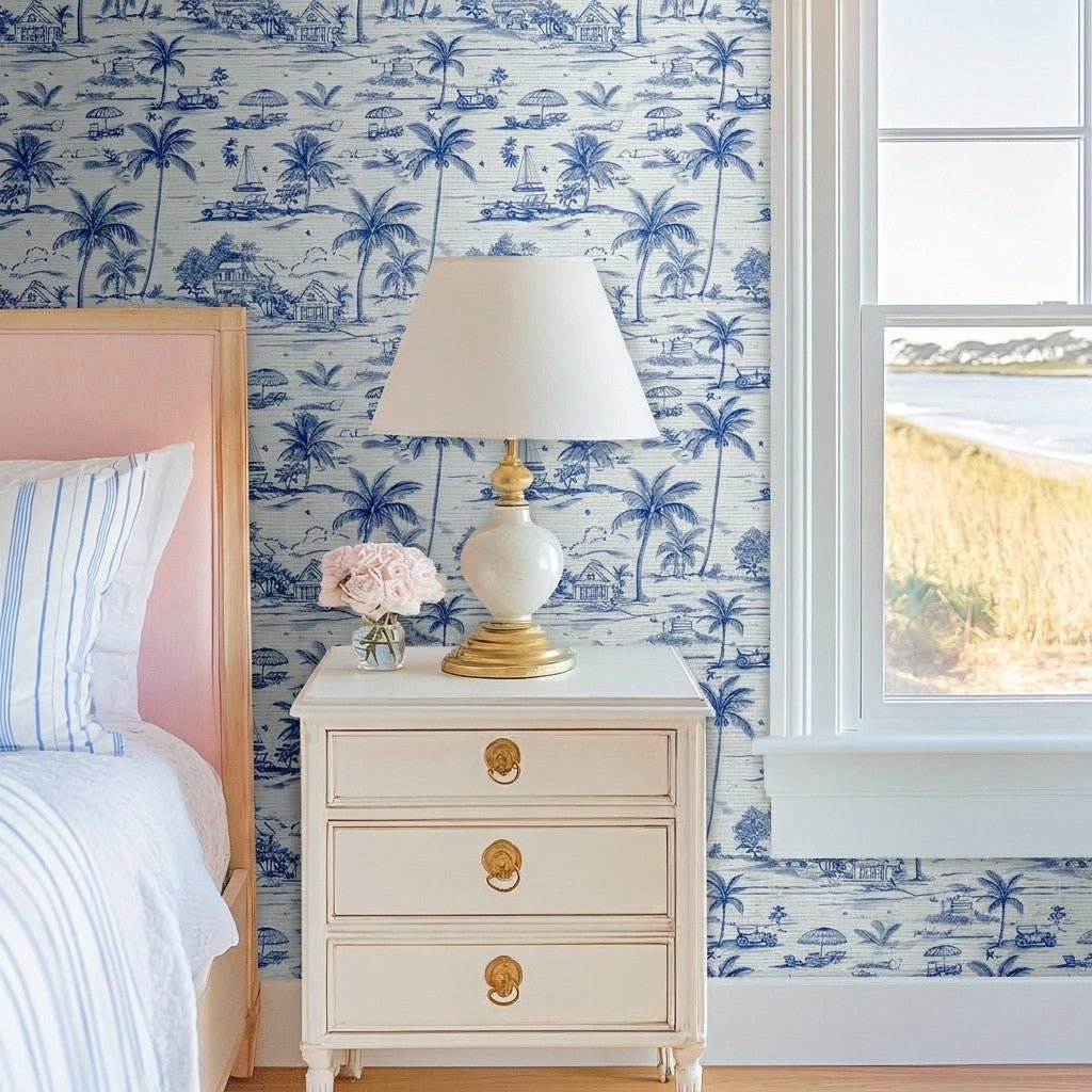 Harbor Toile Faux Grasscloth Wallpaper - Lemon Park