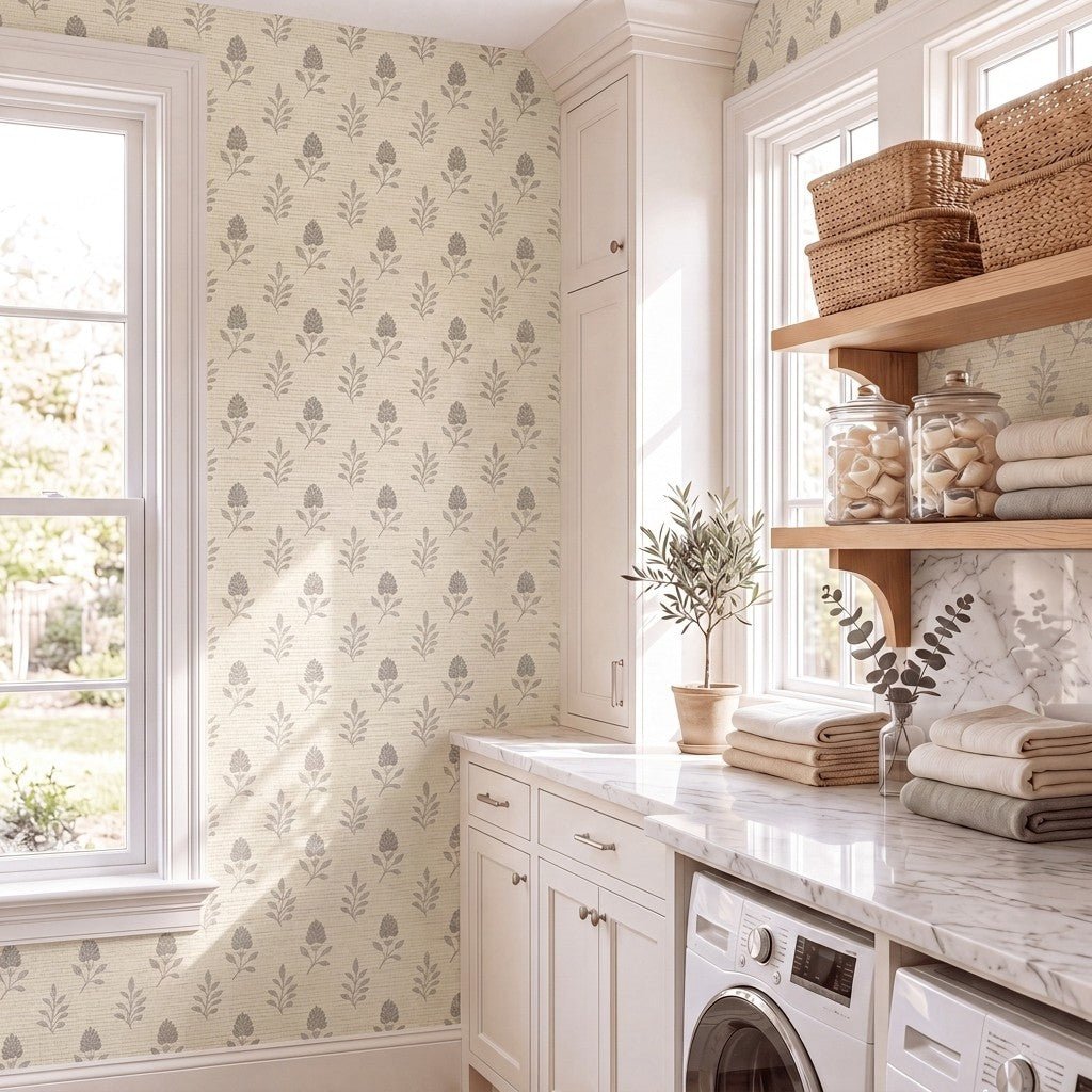 Hedgerow Bone Floral Faux Grasscloth Wallpaper - Lemon Park