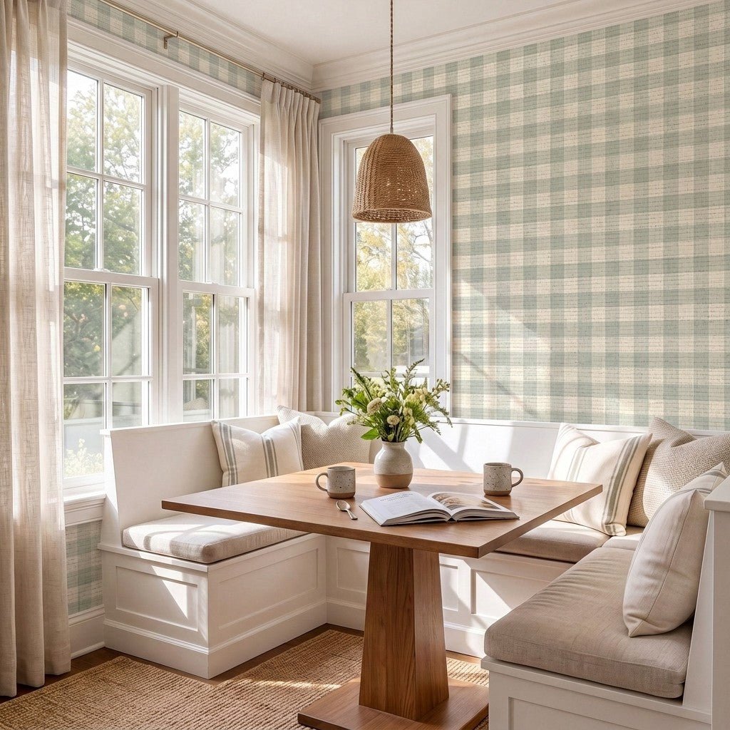 Hedgerow Sage Gingham Faux Grasscloth Wallpaper - Lemon Park