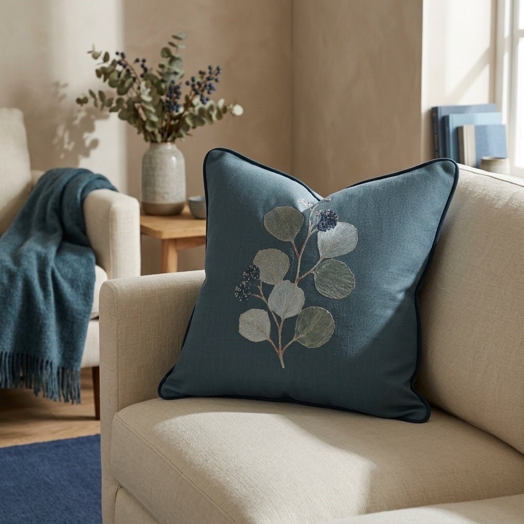 Hedgerow Teal Botanicals Throw Pillow - Lemon Park
