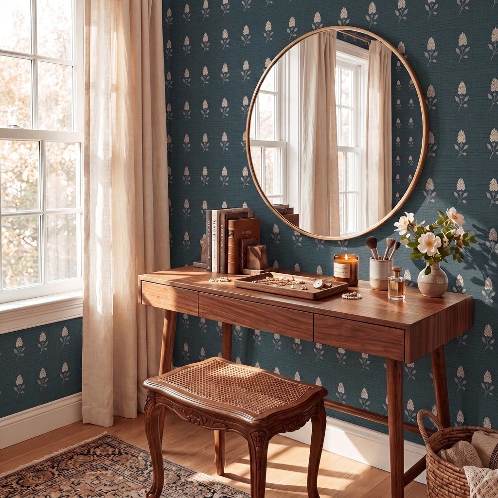 Hedgerow Teal Floral Faux Grasscloth Wallpaper - Lemon Park
