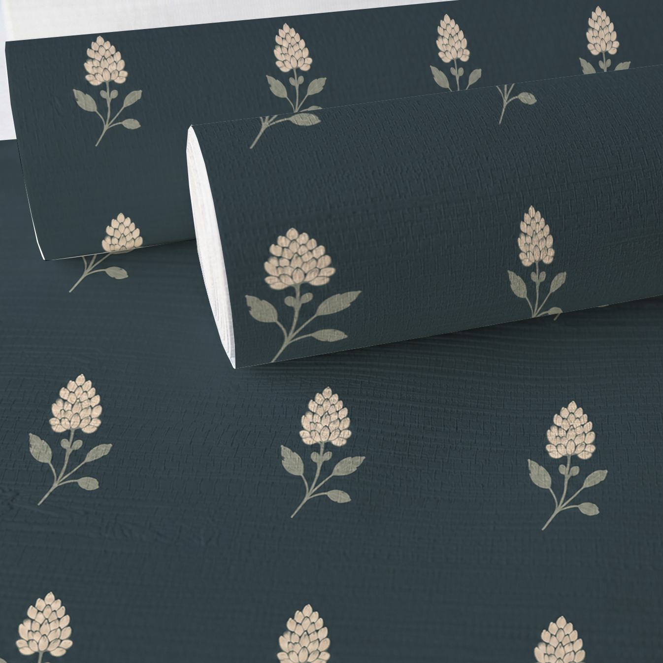 Hedgerow Teal Floral Faux Grasscloth Wallpaper