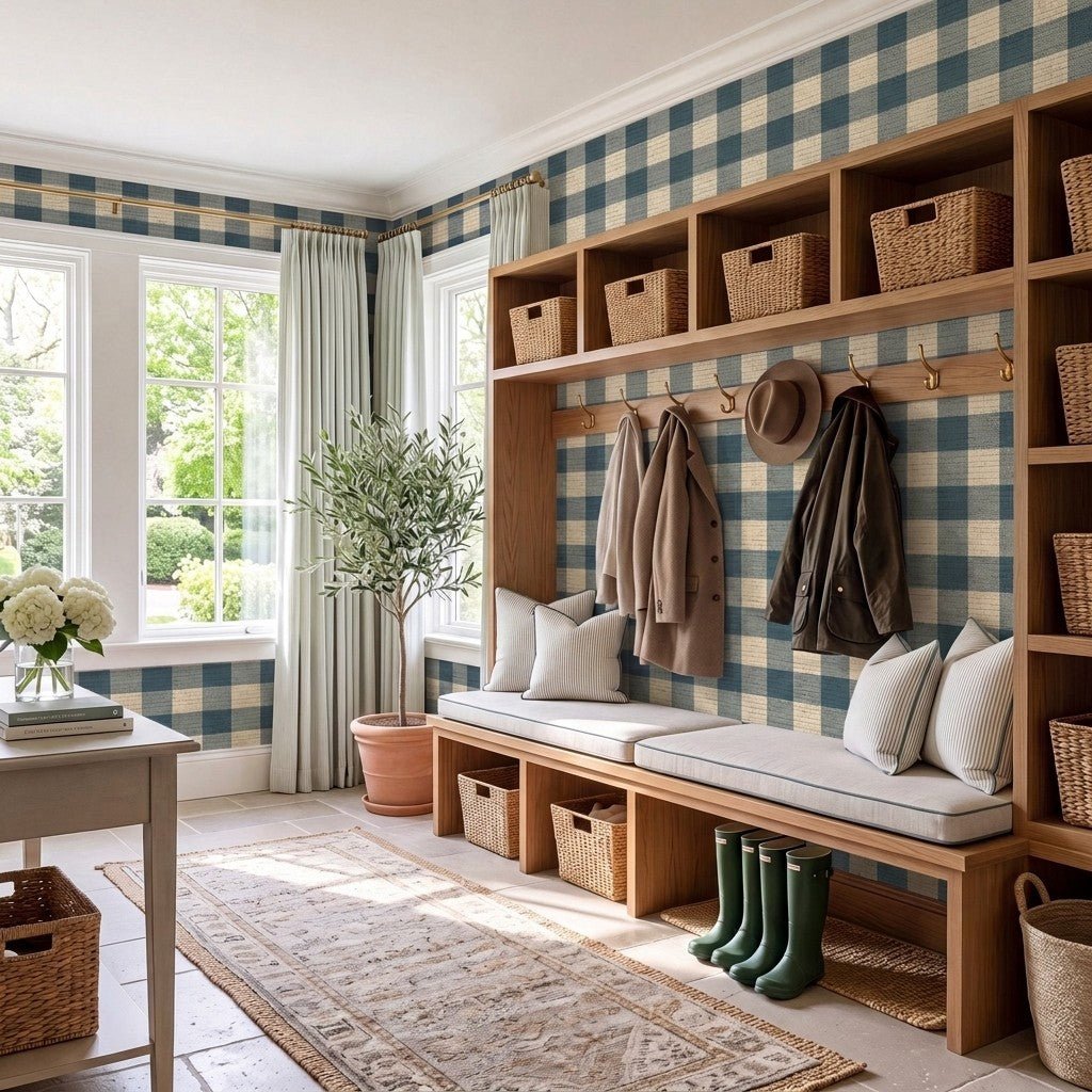 Hedgerow Teal Gingham Faux Grasscloth Wallpaper - Lemon Park