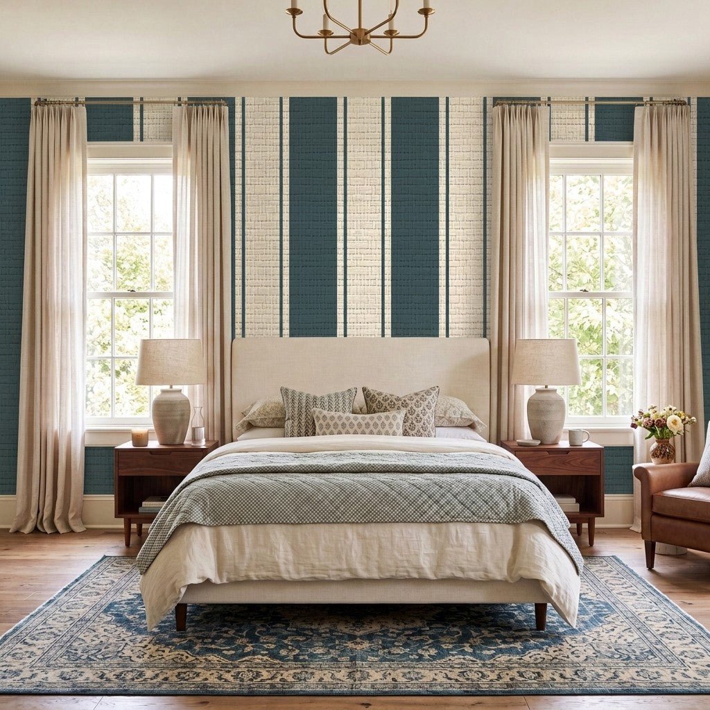 Hedgerow Teal Stripes Faux Grasscloth Wallpaper - Lemon Park