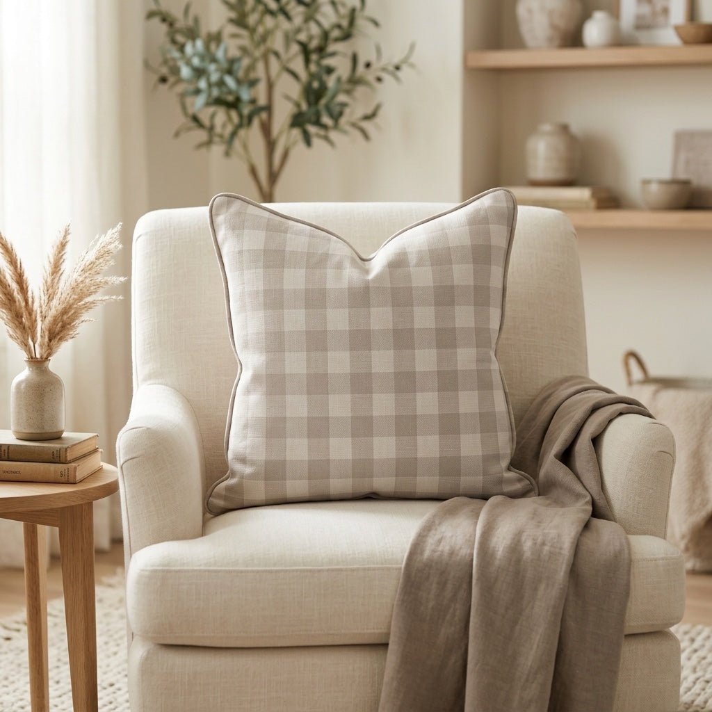 Hedgerow Travertine Gingham Throw Pillow - Lemon Park