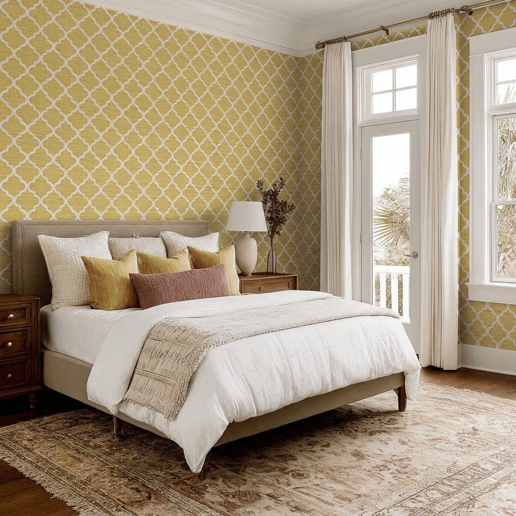 Honey Lattice Faux Grasscloth Wallpaper - Lemon Park