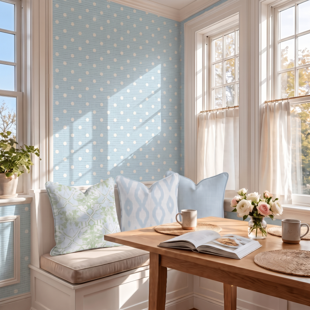 Key Lime Columbia Blue Polka Dot Faux Grasscloth Wallpaper