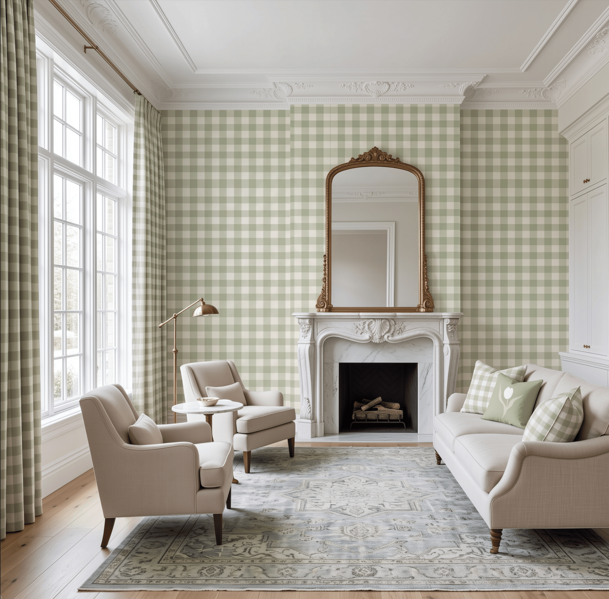 Juliet's Garden Pistachio Gingham Wallpaper - Lemon Park