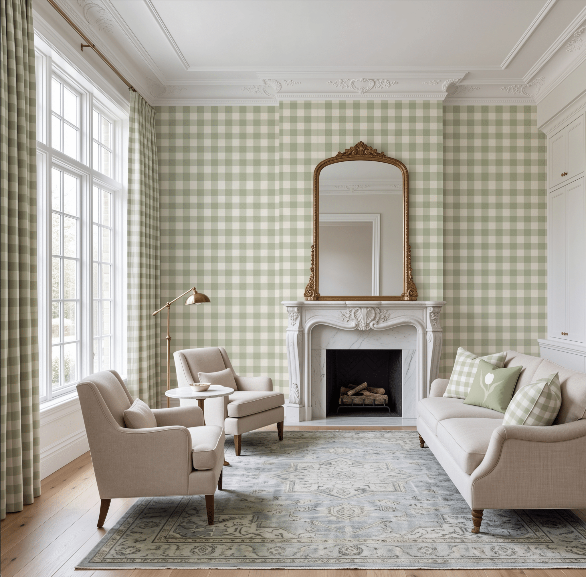 Juliet's Garden Pistachio Gingham Wallpaper - Lemon Park