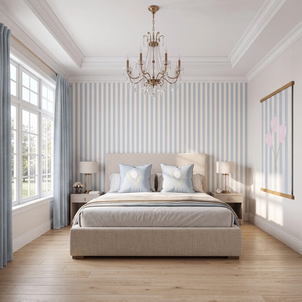 Juliet's Garden Robin Blue Stripe Wallpaper - Lemon Park