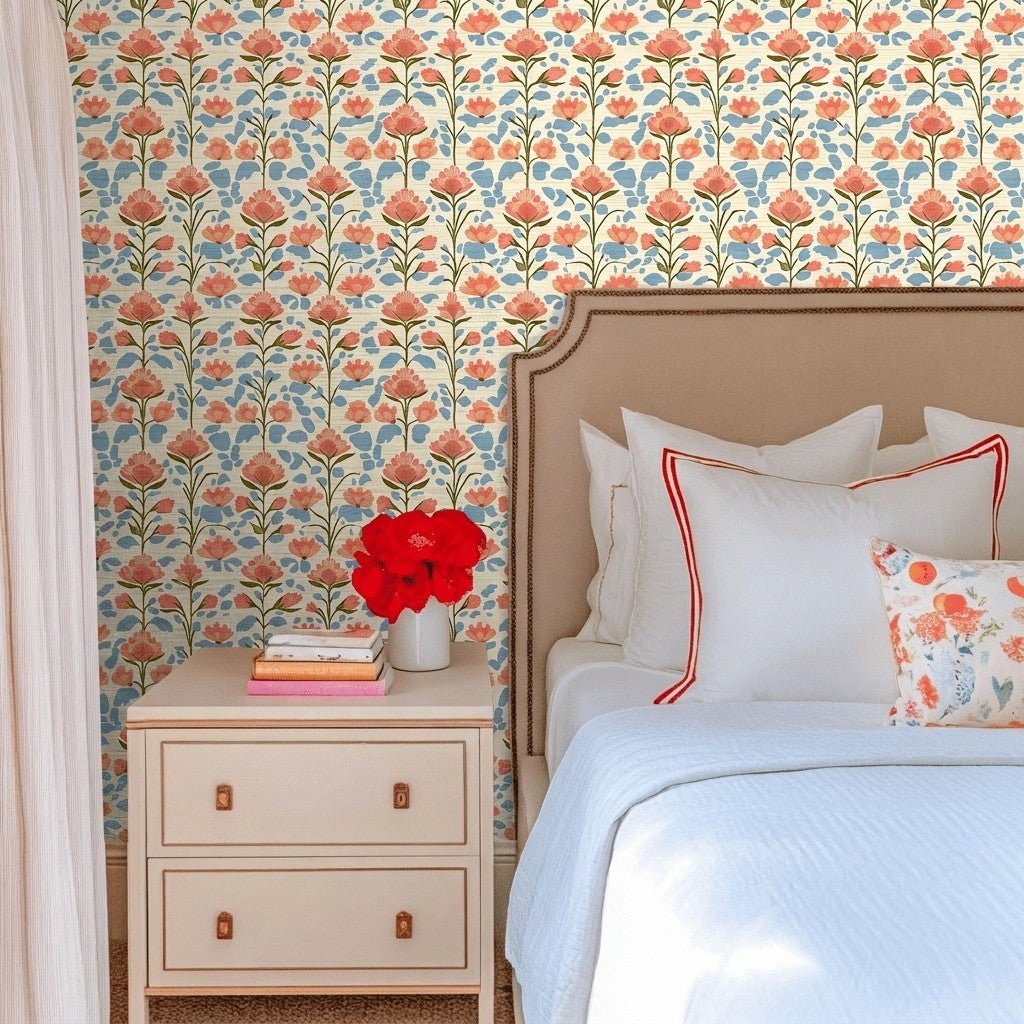 June In Bloom Faux Grasscloth Wallpaper - Lemon Park