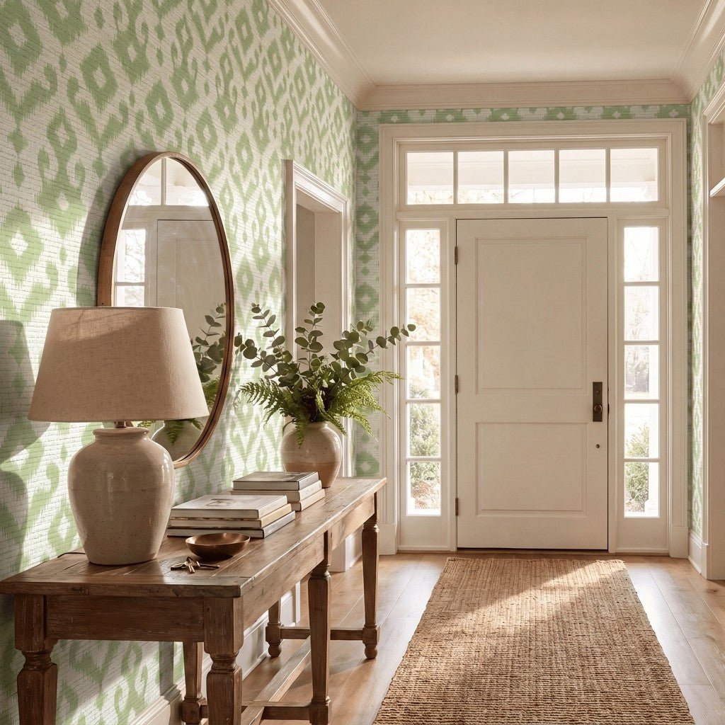 Key Lime Celadon Ikat Faux Grasscloth Wallpaper - Lemon Park