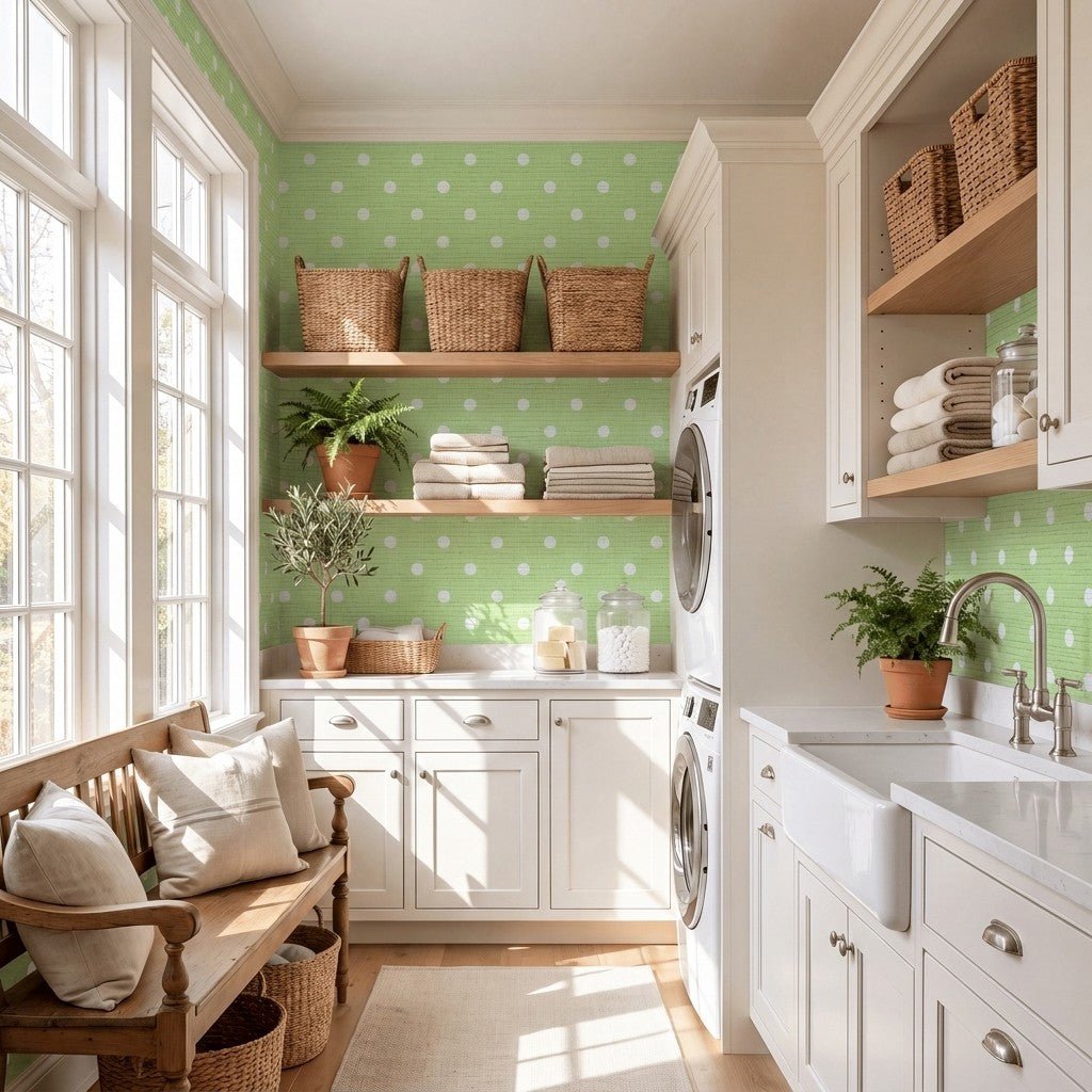 Key Lime Celadon Polka Dot Faux Grasscloth Wallpaper - Lemon Park