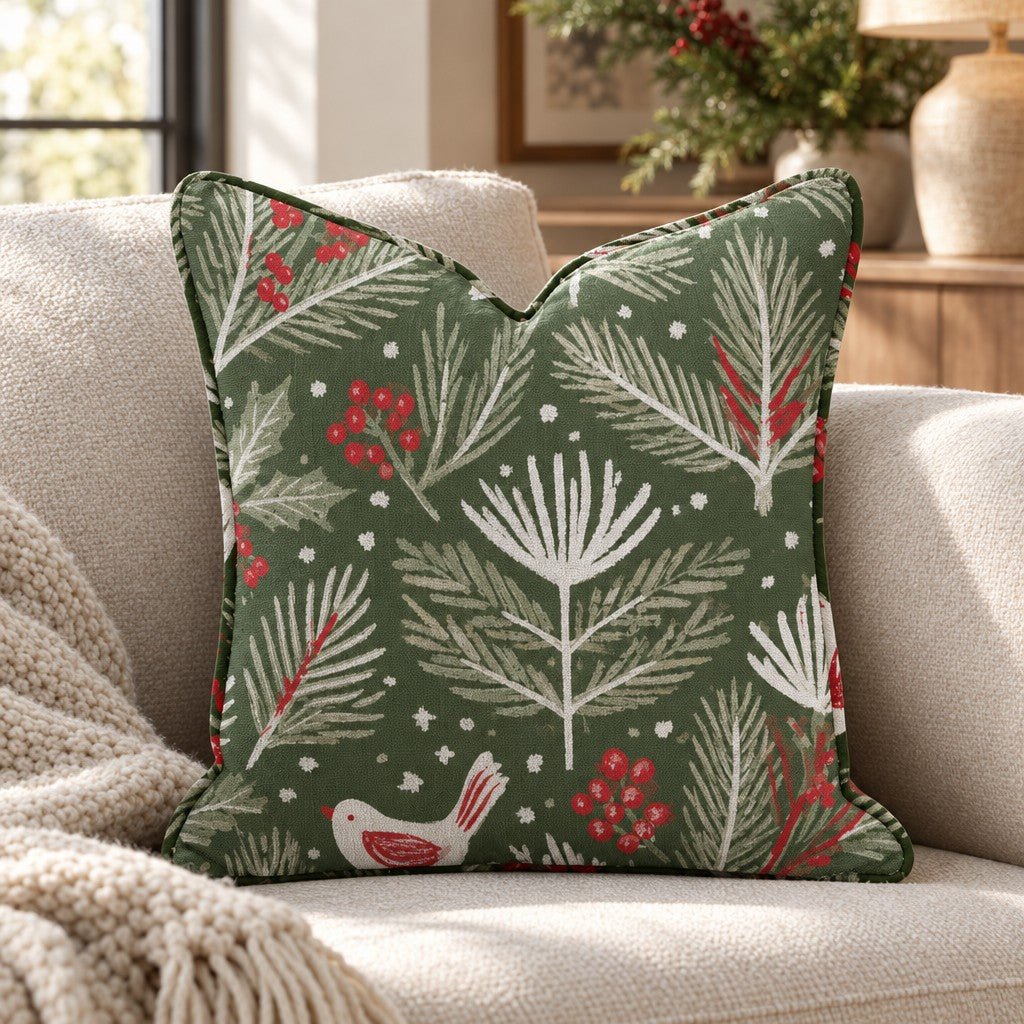 Little Red Bird Boughs Throw Pillow - Lemon Park