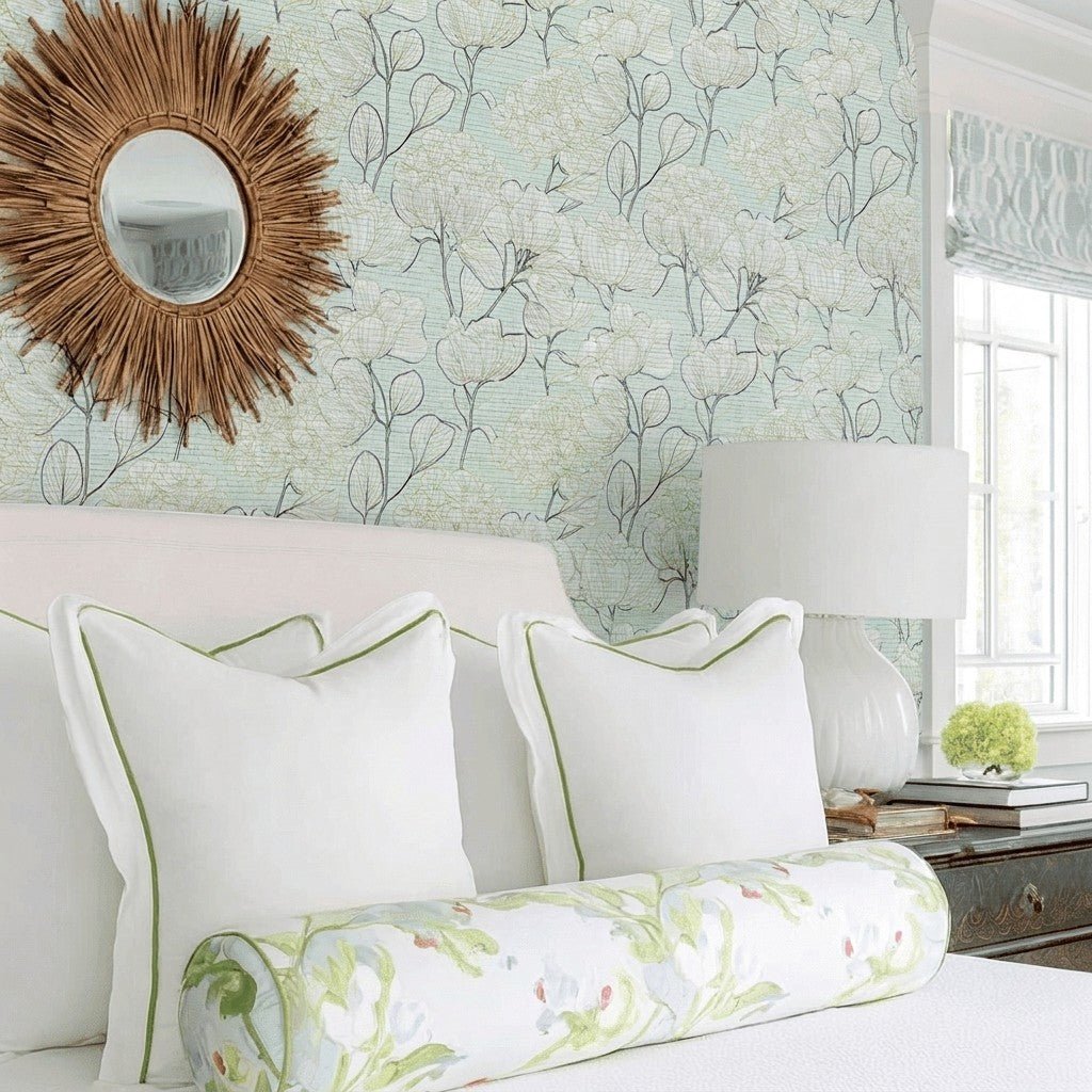 Mint Hydrangea Faux Grasscloth Wallpaper - Lemon Park