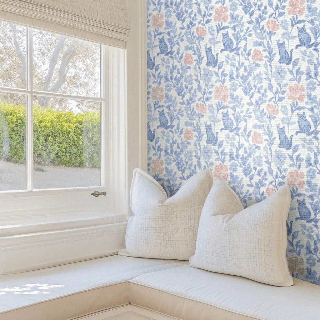 Mod Meow Faux Grasscloth Wallpaper - Lemon Park
