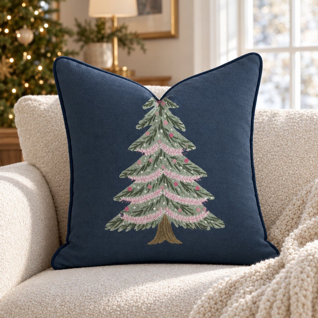 Navy Tinsel Tree Throw Pillow - Lemon Park