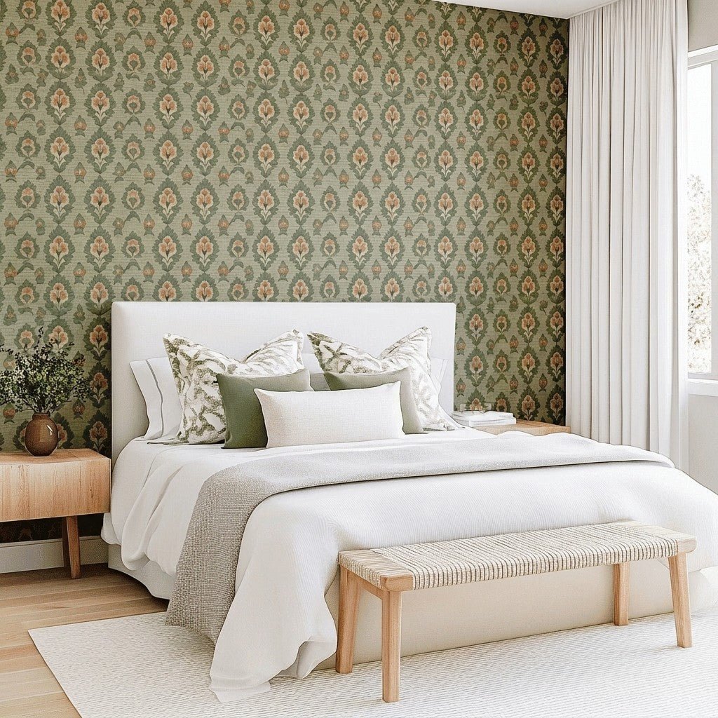 Olive & Peach Faux Grasscloth Wallpaper - Lemon Park