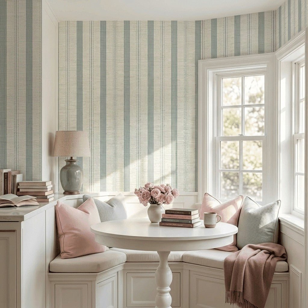 Orange County Cool Grey Stripes Faux Grasscloth Wallpaper - Lemon Park