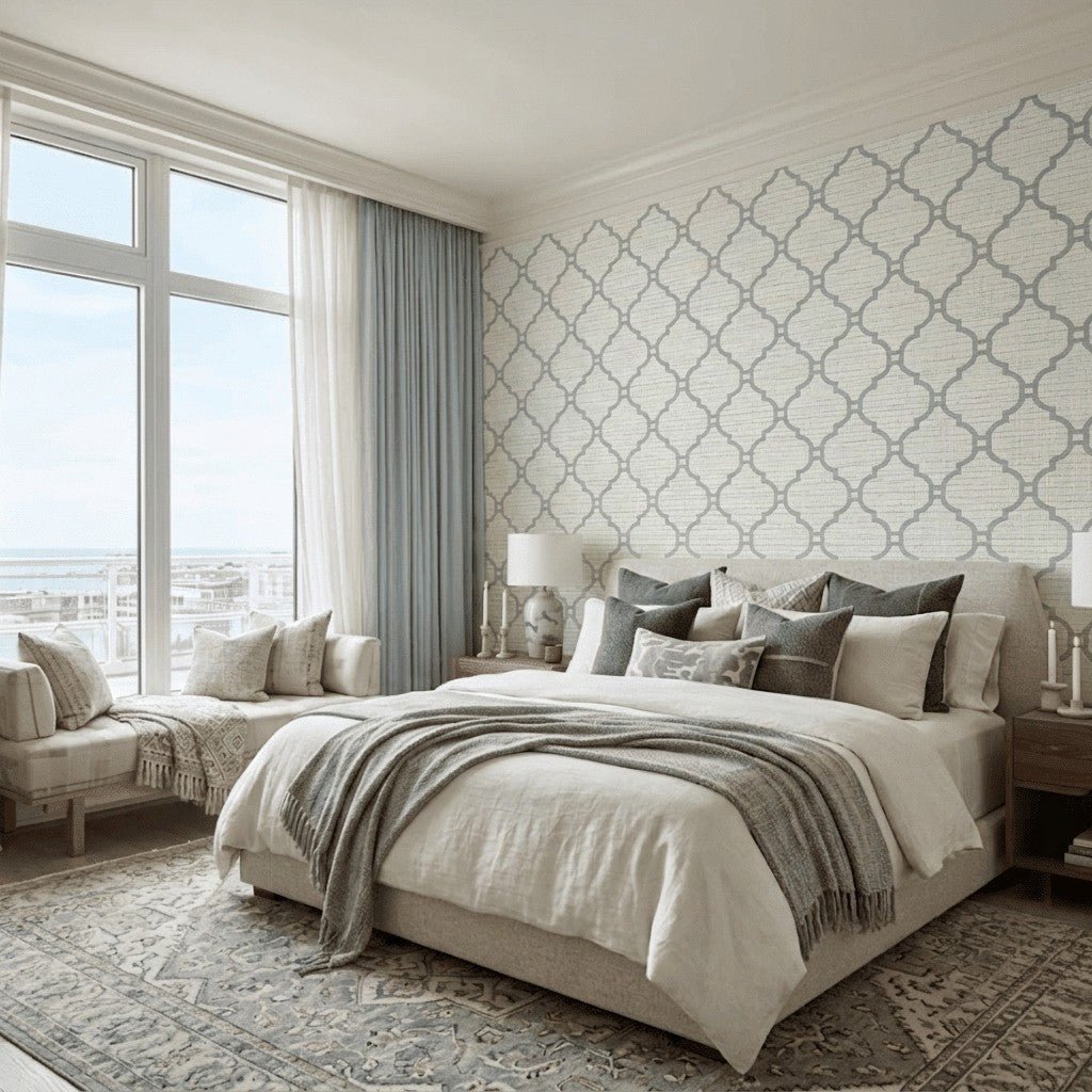 Orange County Cool Grey Trellis Faux Grasscloth Wallpaper - Lemon Park