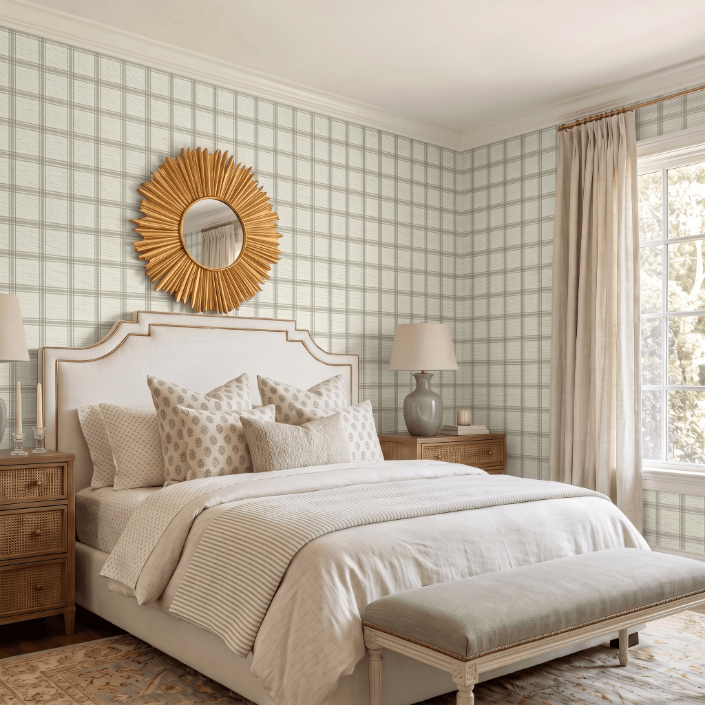 Orange County Olive Plaid Faux Grasscloth Wallpaper - Lemon Park