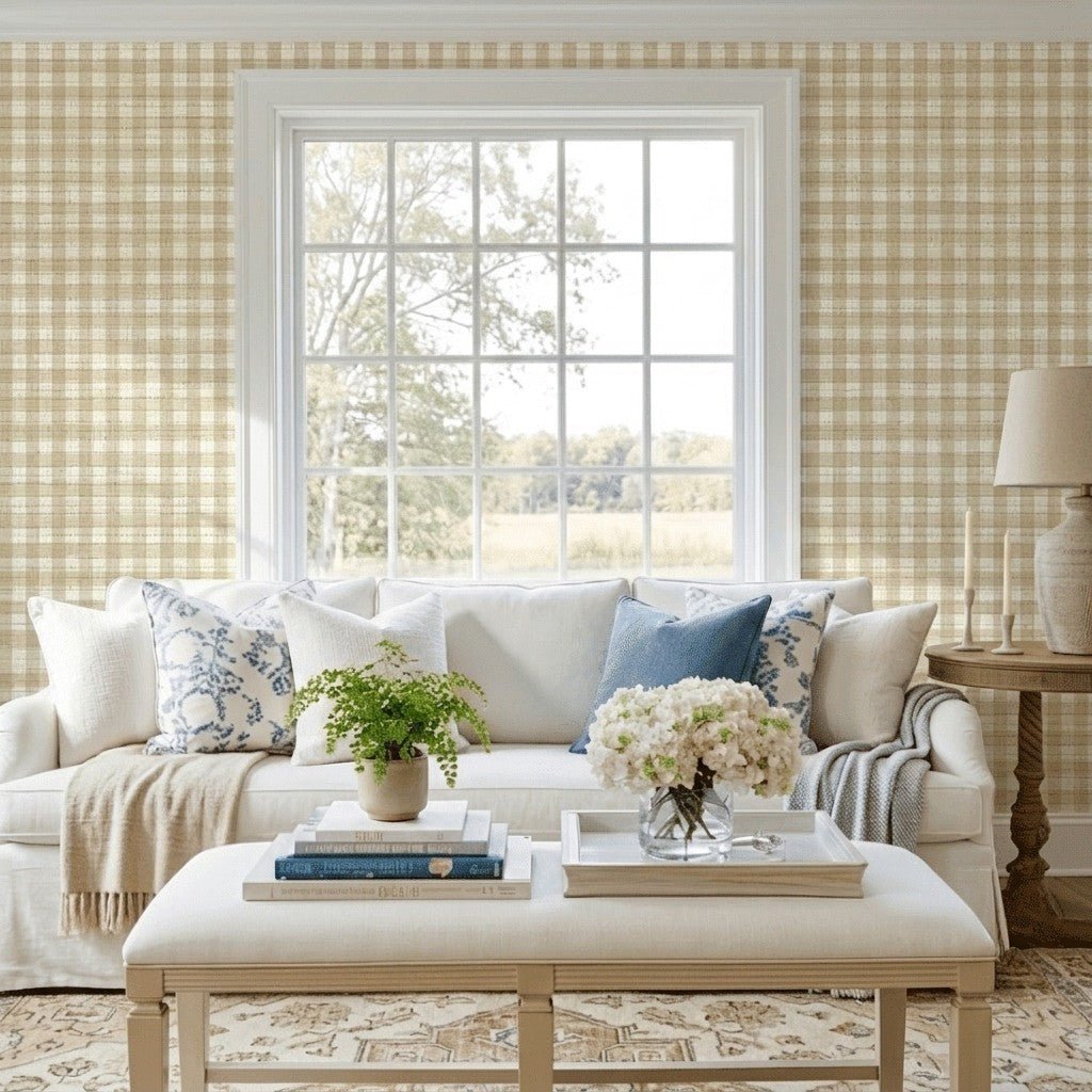 Orange County Pavlova Gingham Faux Grasscloth Wallpaper - Lemon Park
