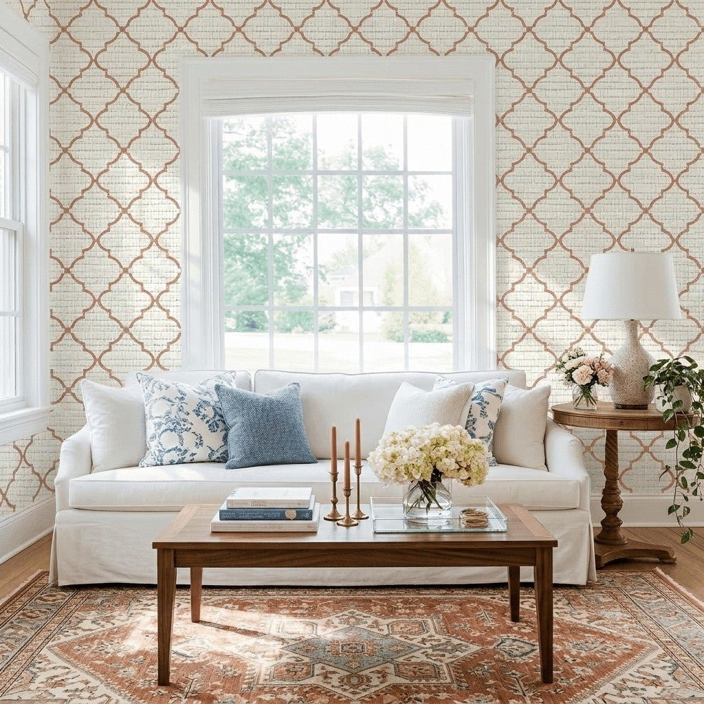 Orange County Terracotta Trellis Faux Grasscloth Wallpaper - Lemon Park