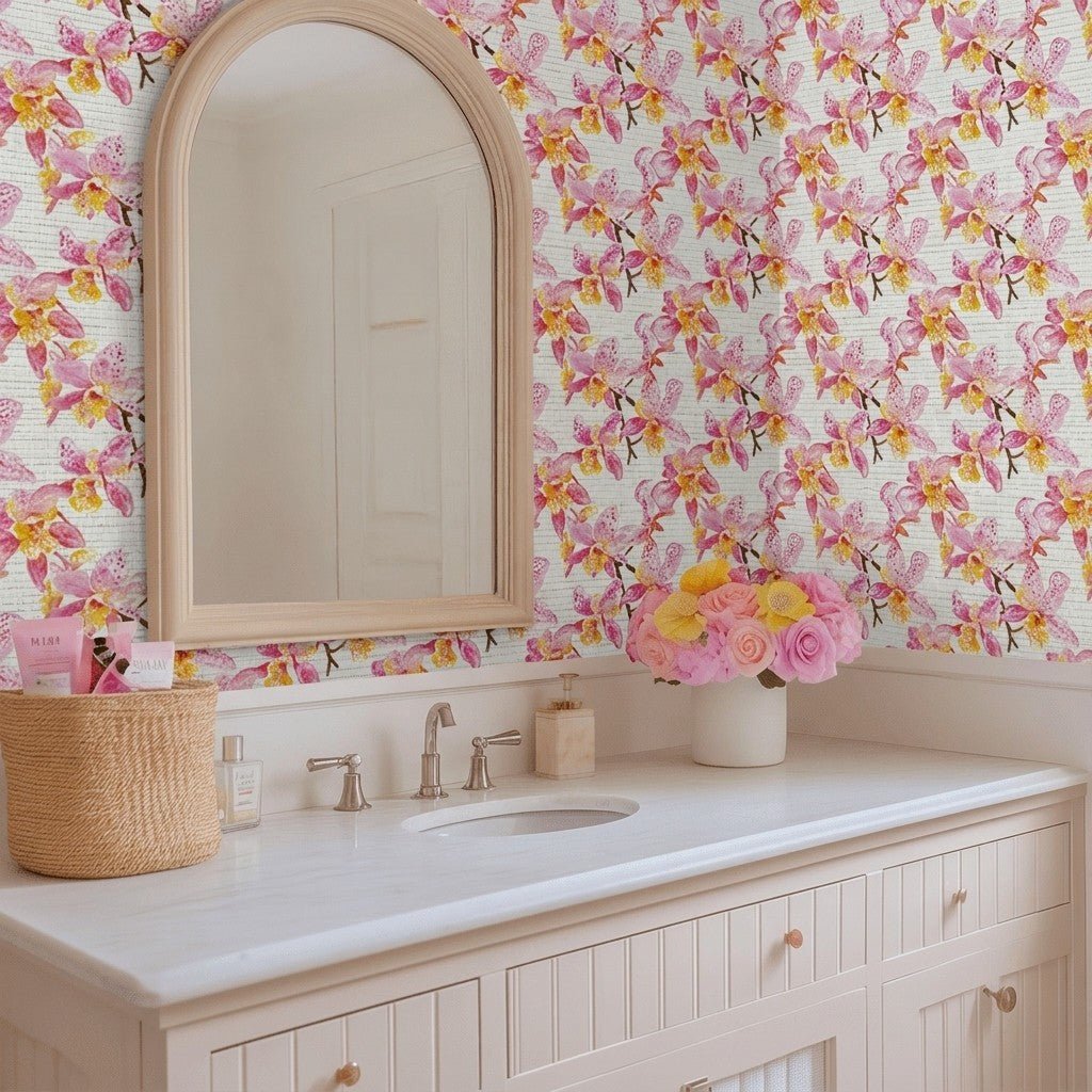 Orchid Obsession Faux Grasscloth Wallpaper - Lemon Park