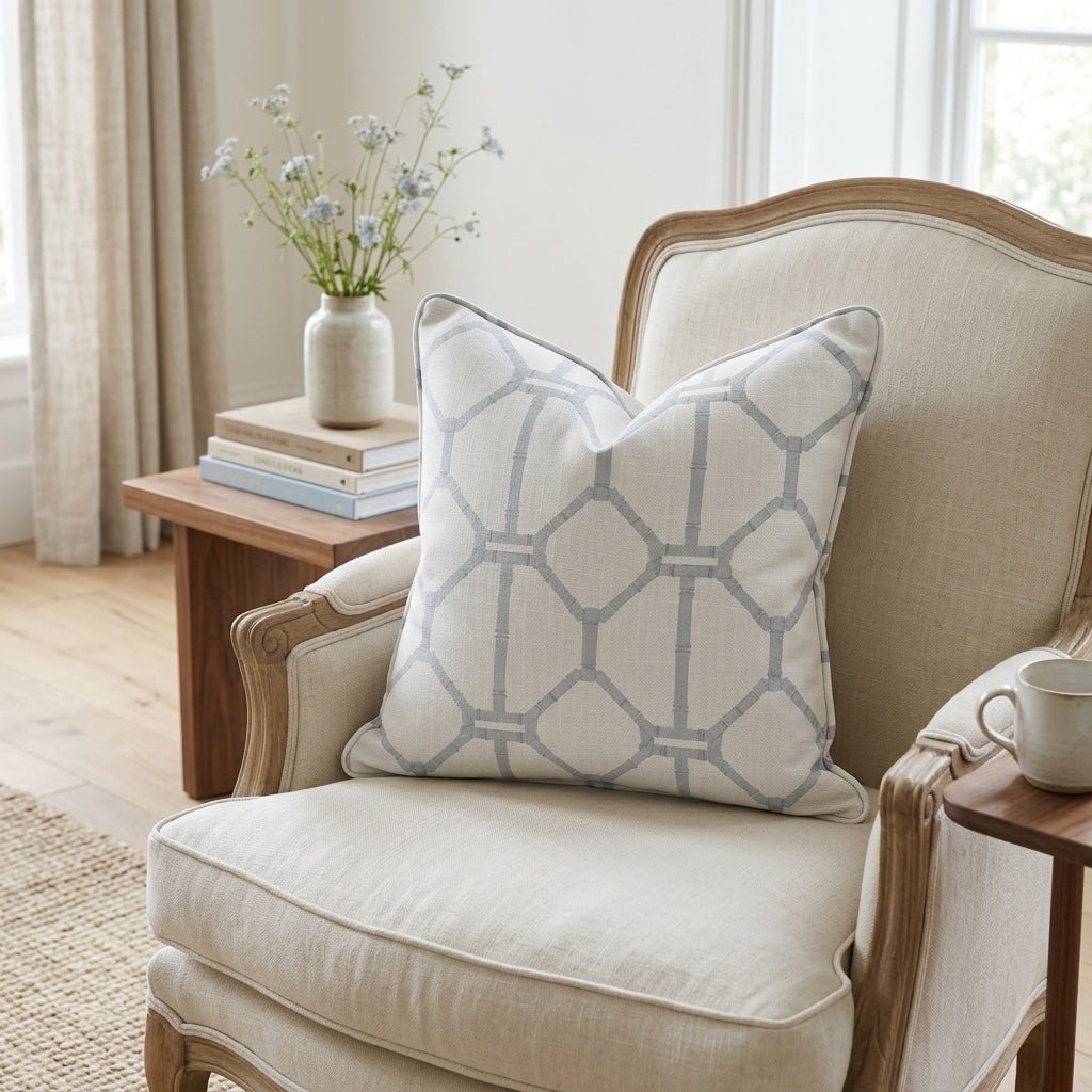 Palm Promenade Coastal Blue Bamboo Trellis Throw Pillow - Lemon Park