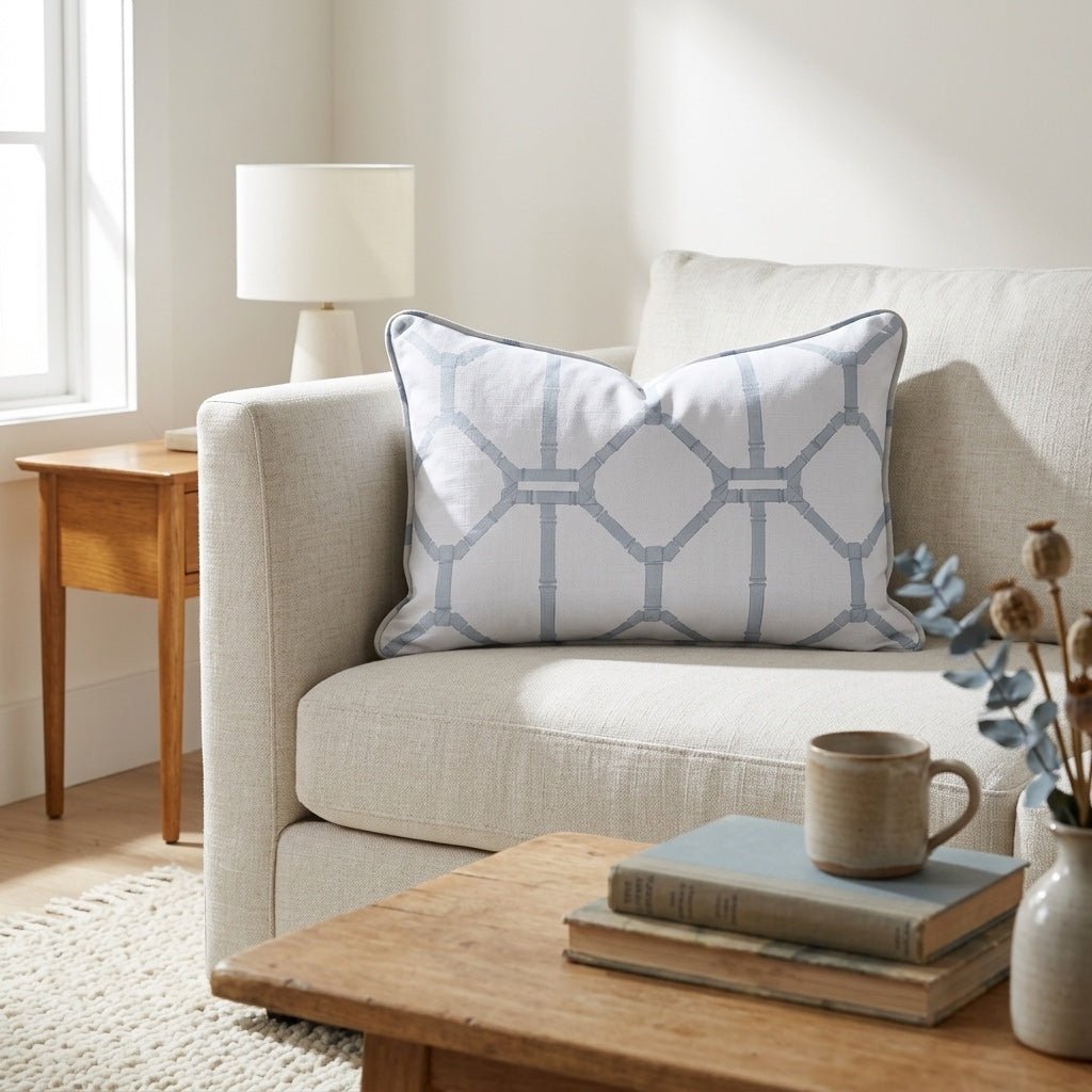 Palm Promenade Coastal Blue Bamboo Trellis Throw Pillow - Lemon Park