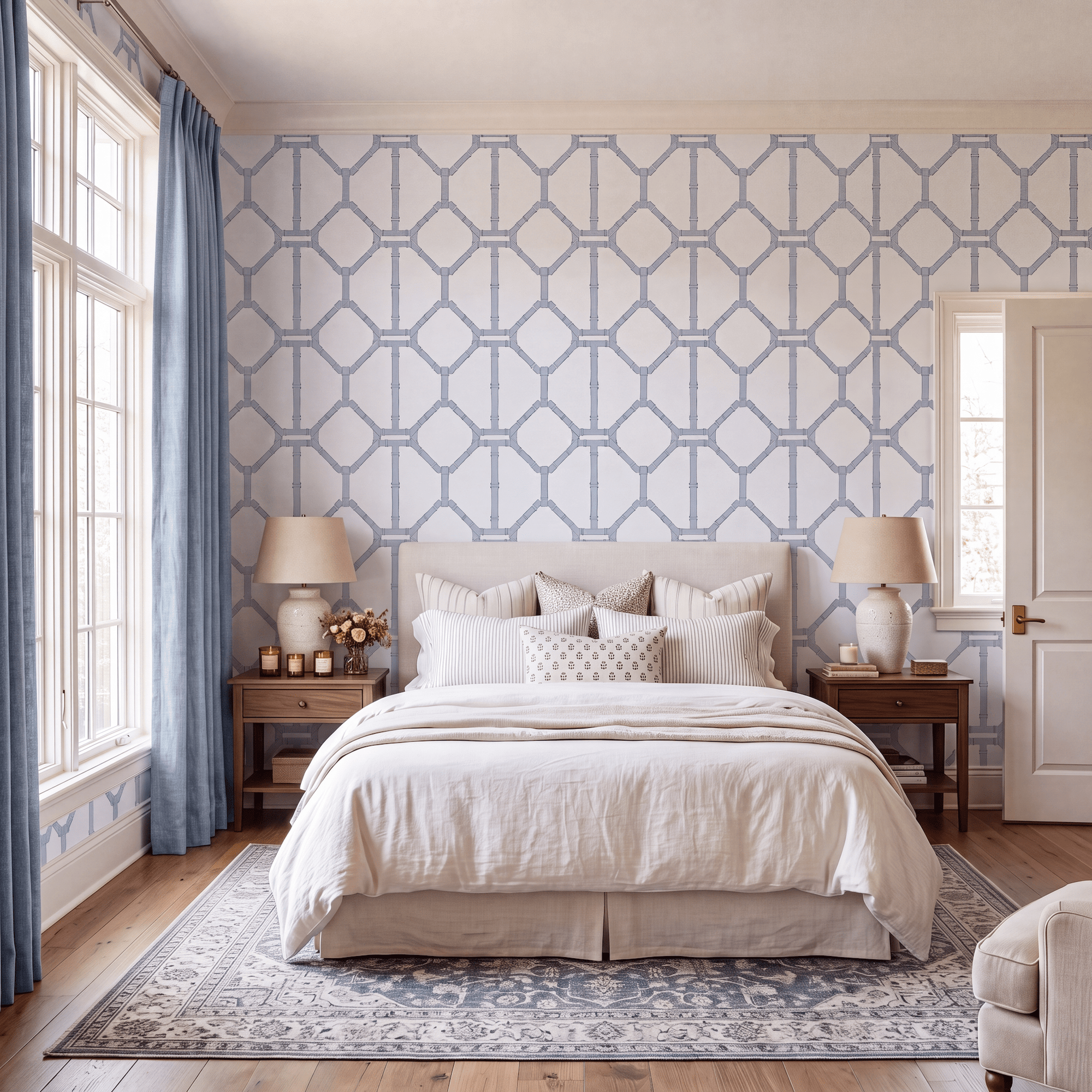Palm Promenade Coastal Blue Bamboo Trellis Wallpaper - Lemon Park
