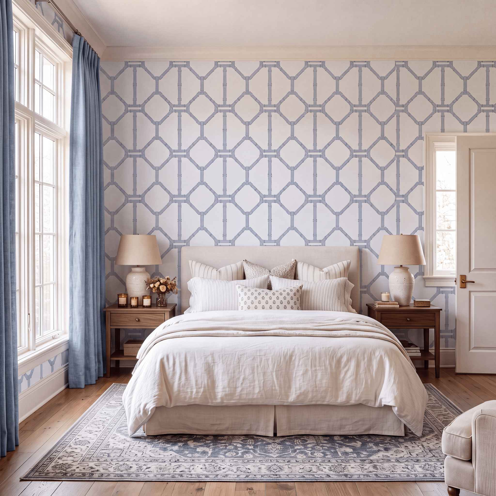Palm Promenade Coastal Blue Bamboo Trellis Wallpaper - Lemon Park