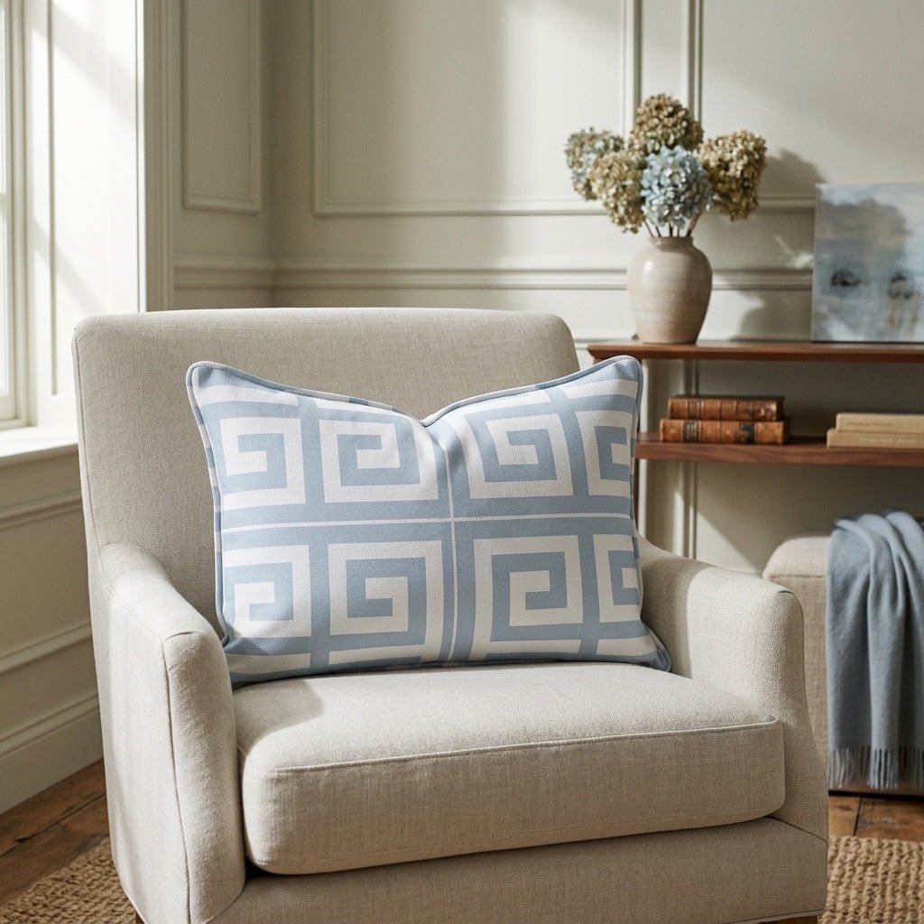 Palm Promenade Coastal Blue Greek Key Throw Pillow - Lemon Park