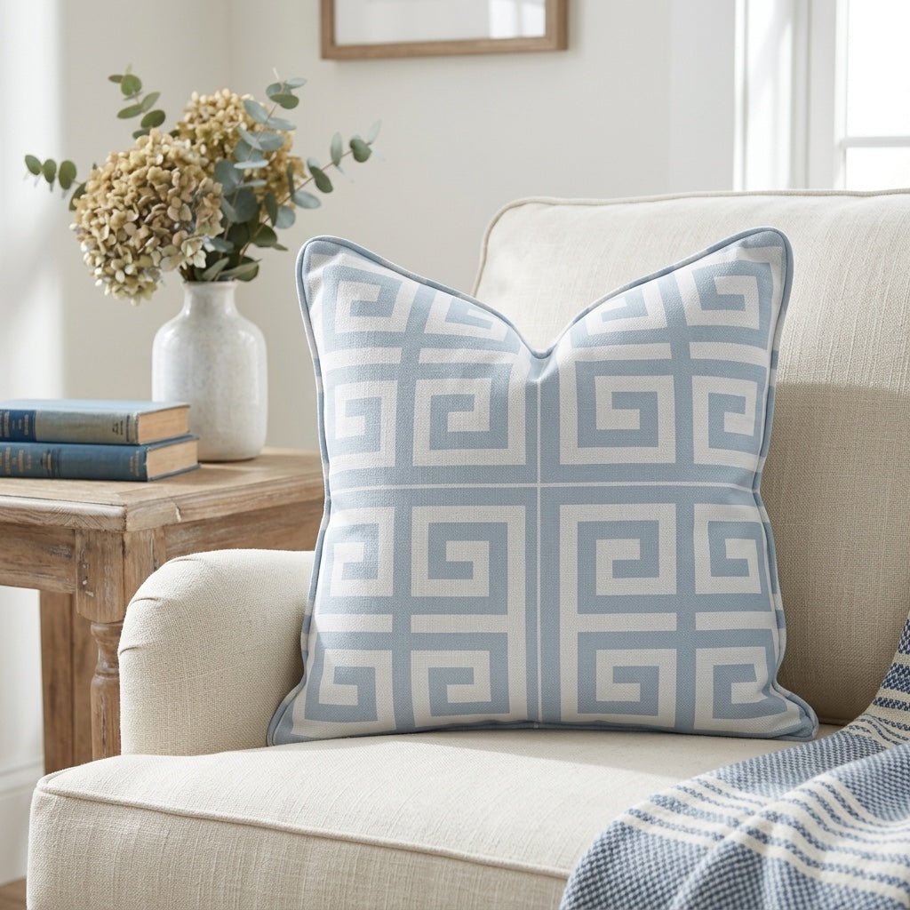 Palm Promenade Coastal Blue Greek Key Throw Pillow - Lemon Park