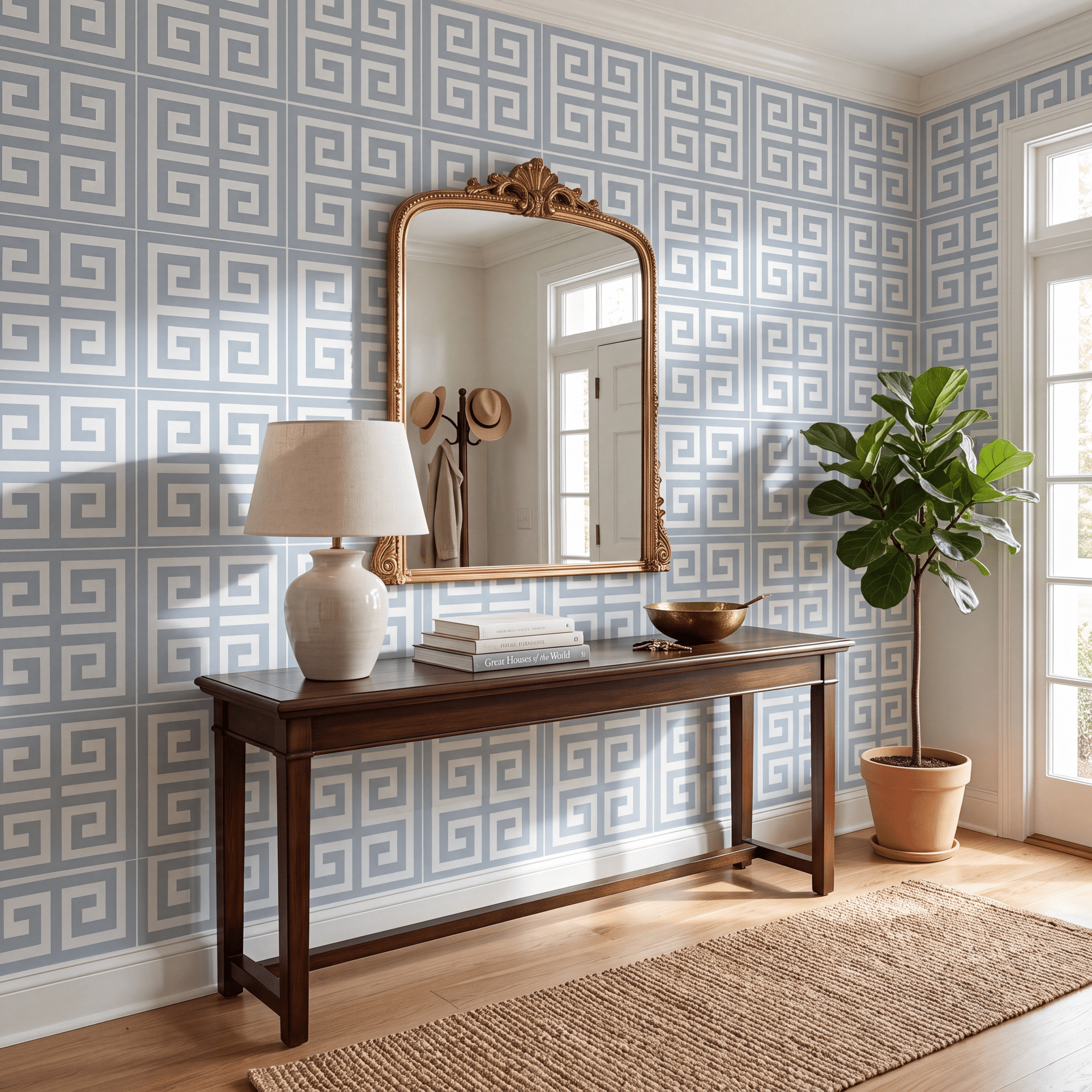 Palm Promenade Coastal Blue Greek Key Wallpaper - Lemon Park