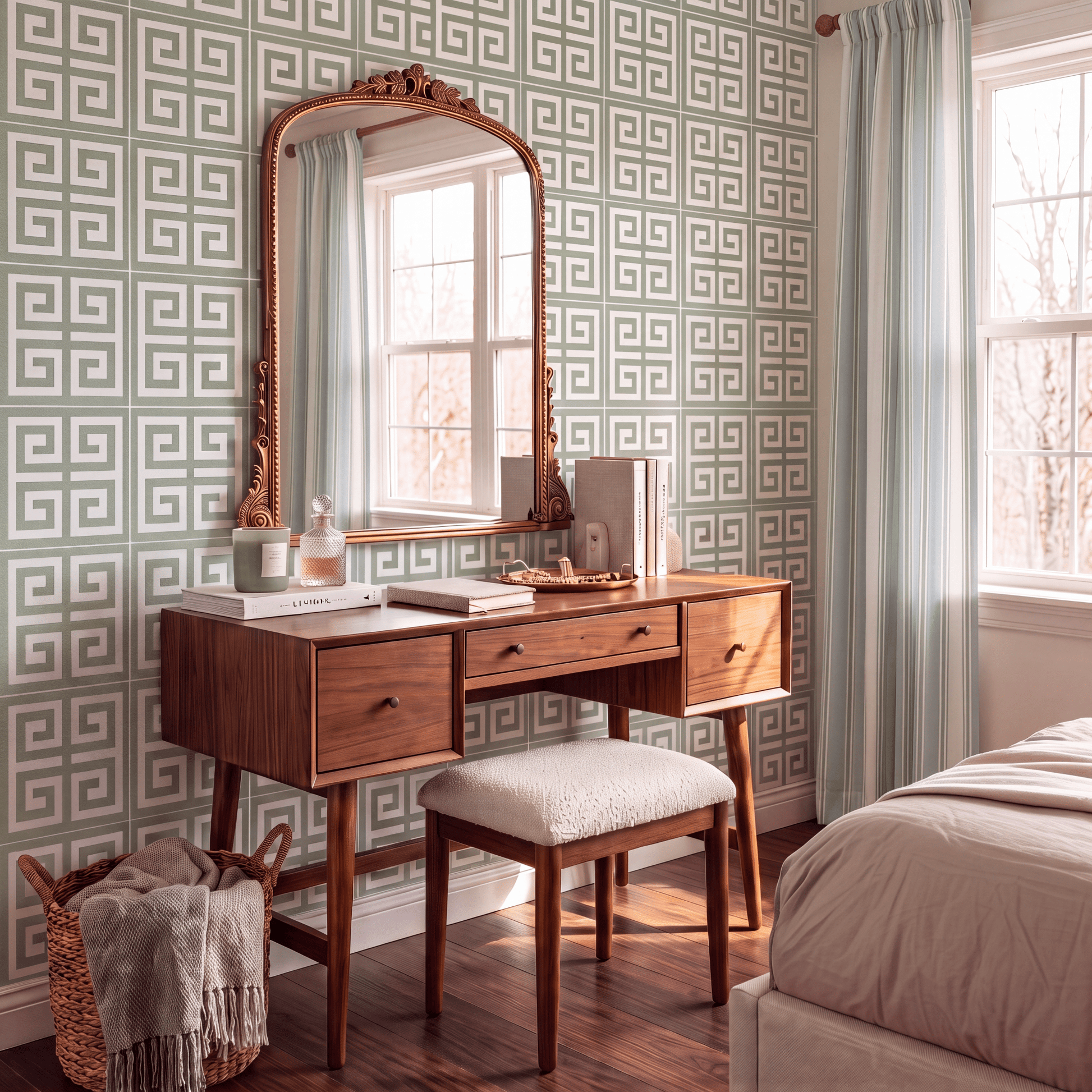 Palm Promenade Cool Mint Greek Key Wallpaper - Lemon Park