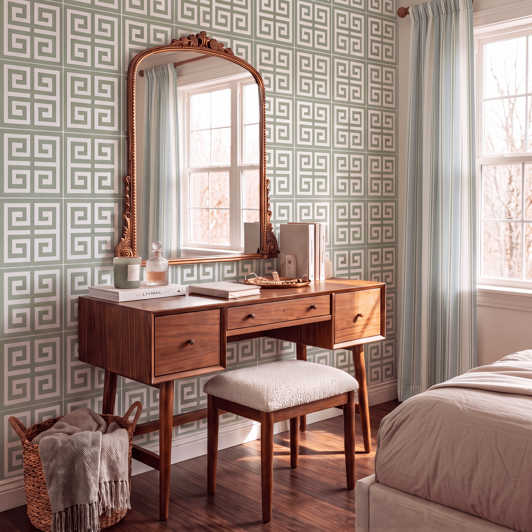 Palm Promenade Cool Mint Greek Key Wallpaper - Lemon Park