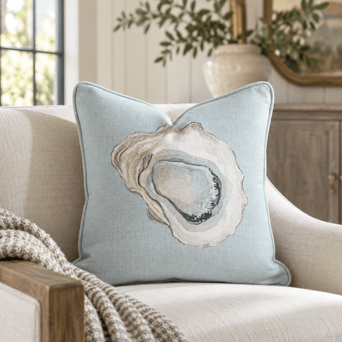 Pearl's Haven Spring Blue Oyster Throw Pillow - Lemon Park