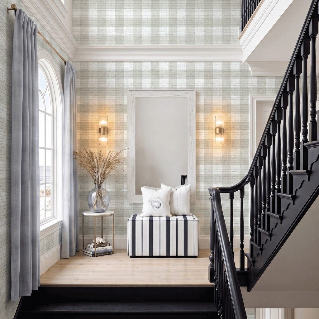 Pearl's Haven Fog Gingham Faux Grasscloth Wallpaper - Lemon Park