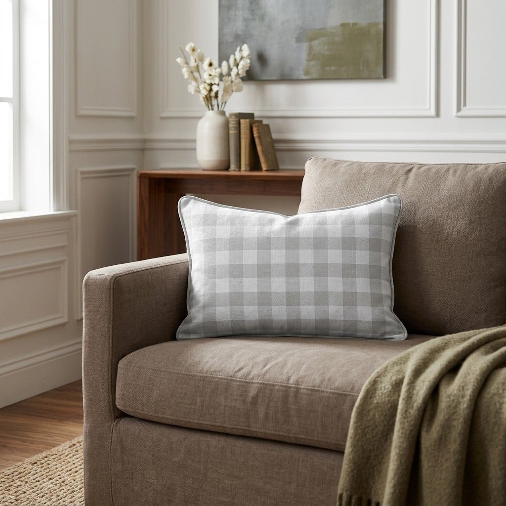 Pearl's Haven Fog Gingham Throw Pillow - Lemon Park