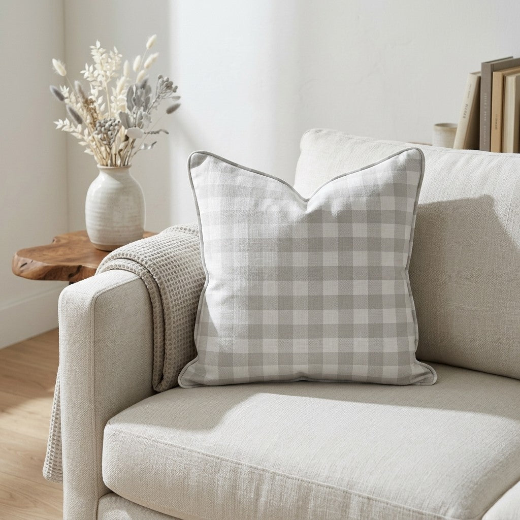 Pearl's Haven Fog Gingham Throw Pillow - Lemon Park