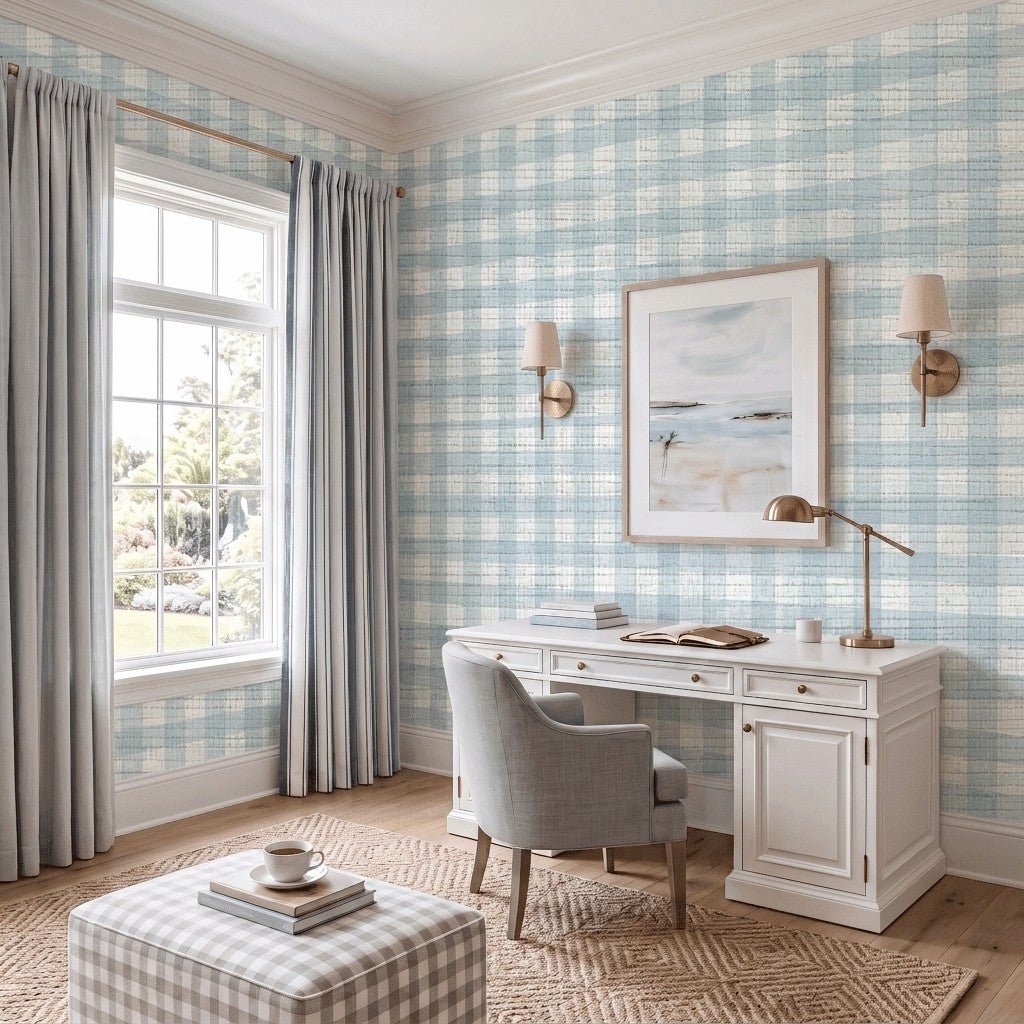 Pearl's Haven Spring Blue Gingham Faux Grasscloth Wallpaper - Lemon Park