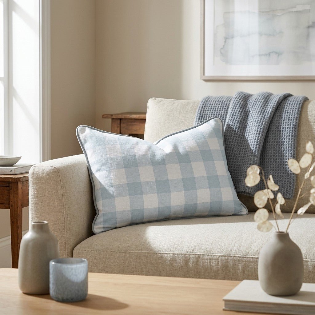 Pearl's Haven Spring Blue Gingham Throw Pillow - Lemon Park