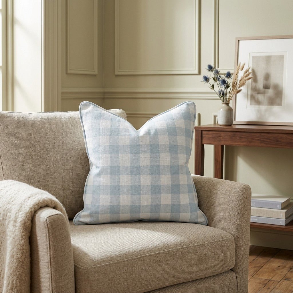 Pearl's Haven Spring Blue Gingham Throw Pillow - Lemon Park