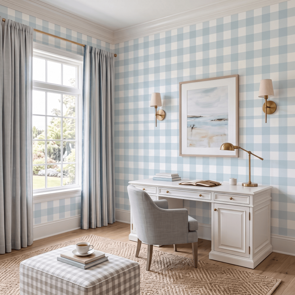 Pearl's Haven Spring Blue Gingham Wallpaper - Lemon Park