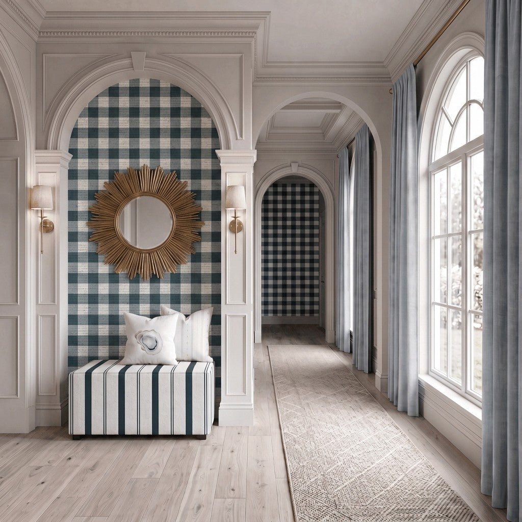 Pearl's Haven Teal Gingham Faux Grasscloth Wallpaper - Lemon Park