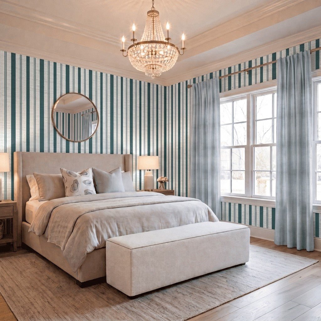 Pearl's Haven Teal Stripes Faux Grasscloth Wallpaper - Lemon Park