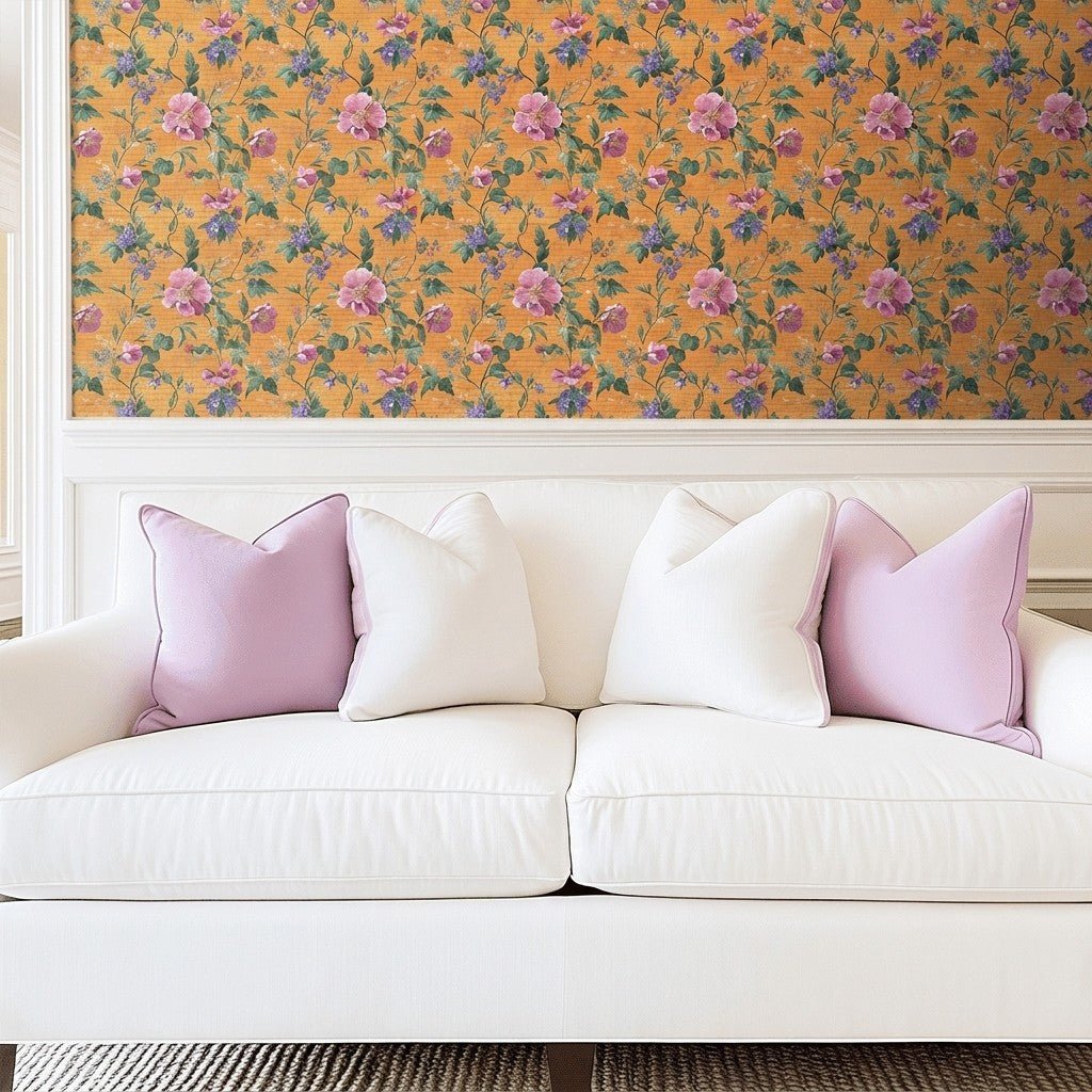 Petals & Persimmons Faux Grasscloth Wallpaper - Lemon Park