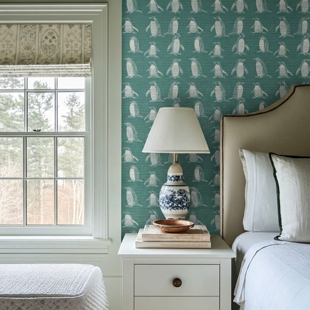 Polly Penguins Faux Grasscloth Wallpaper - Lemon Park